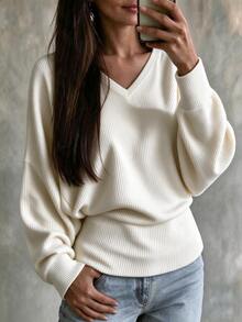 Selianne Casual Vintage Ribbed V-Neck Apricot T-Shirt For Women - Apricot - View 7