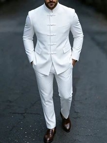 Manfinity AFTRDRK Men's Elegant Party Solid Color Stand Collar Single-Breasted Button White Suit Jacket And Pants Set, Perfect Choice For Holiday Gift - White - View 5