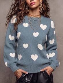 SHEIN LUNE 秋冬休閒愛心印花圓領針織衫 - 彩色 - 查看 3