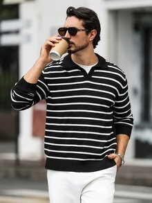 Marcello Vane 男士秋冬條紋長袖休閒百搭毛衣，老錢風 - 黑與白 - 查看 4