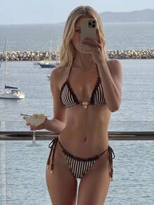SHEIN Swim New Summer Brown Striped Halter Triangle Bikini Set - A Sexy, Elegant Vacation-Style Swimsuit Perfect For Beach And Poolside Parties. - Multicolor - View 5