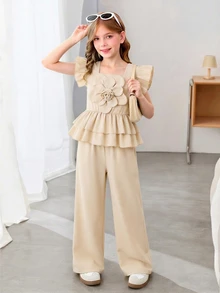 SHEIN 两件套少女纯色荷叶边上衣和裤子套装 - 卡其色 - 查看 4