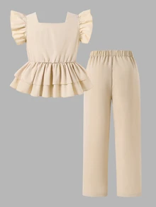 SHEIN 两件套少女纯色荷叶边上衣和裤子套装 - 卡其色 - 查看 3