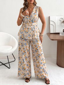 Ceyna Plus Size Women's Vintage Polka Dot Tank Top And Wide Leg Pants Set Summer Vacation Outfit - Apricot - View 4