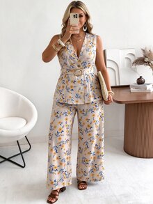Ceyna Plus Size Women's Vintage Polka Dot Tank Top And Wide Leg Pants Set Summer Vacation Outfit - Apricot - View 1