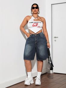 Dripcurv Blue Plus Size Denim Shorts Street Sexy Loose Pants Y2k Diagonal Pocket Denim Capris - Dark Wash - View 7