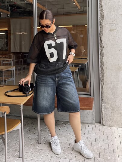 Dripcurv Blue Plus Size Denim Shorts Street Sexy Loose Pants Y2k Diagonal Pocket Denim Capris