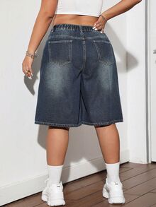 Dripcurv Blue Plus Size Denim Shorts Street Sexy Loose Pants Y2k Diagonal Pocket Denim Capris - Dark Wash - View 2