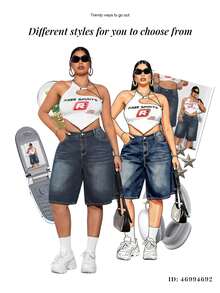 Dripcurv Blue Plus Size Denim Shorts Street Sexy Loose Pants Y2k Diagonal Pocket Denim Capris - Dark Wash - View 8