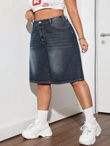 Dripcurv Blue Plus Size Denim Shorts Street Sexy Loose Pants Y2k Diagonal Pocket Denim Capris - Dark Wash - View 4