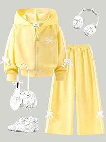 SHEIN Long Sleeve Little Girls 2‑Piece Casual Tracksuit, Fall Tops - Yellow - View 5