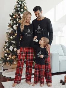 SHEIN Minimalist Christmas Tree Print Round Neck Long Sleeve Casual Plaid Men's Pajama Set - Multicolor - View 4