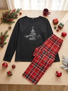 SHEIN Minimalist Christmas Tree Print Round Neck Long Sleeve Casual Plaid Men's Pajama Set - Multicolor - View 3