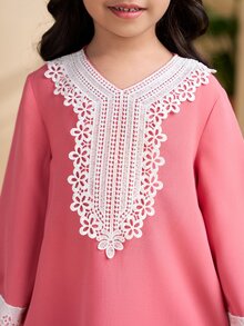 SHEIN 年轻女孩纯色拼布 V 领长袖简约休闲连衣裙 - 粉色 - 查看 6