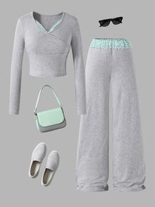 SHEIN Tween Girl Casual Athletic Slim Fit Short Ruffle Knit Sweater + Elastic Straight Leg Long Pants Set School Sports Wear Off Campus Grey Autumn - Grey - View 3