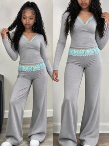 SHEIN Tween Girl Casual Athletic Slim Fit Short Ruffle Knit Sweater + Elastic Straight Leg Long Pants Set School Sports Wear Off Campus Grey Autumn - Grey - View 1