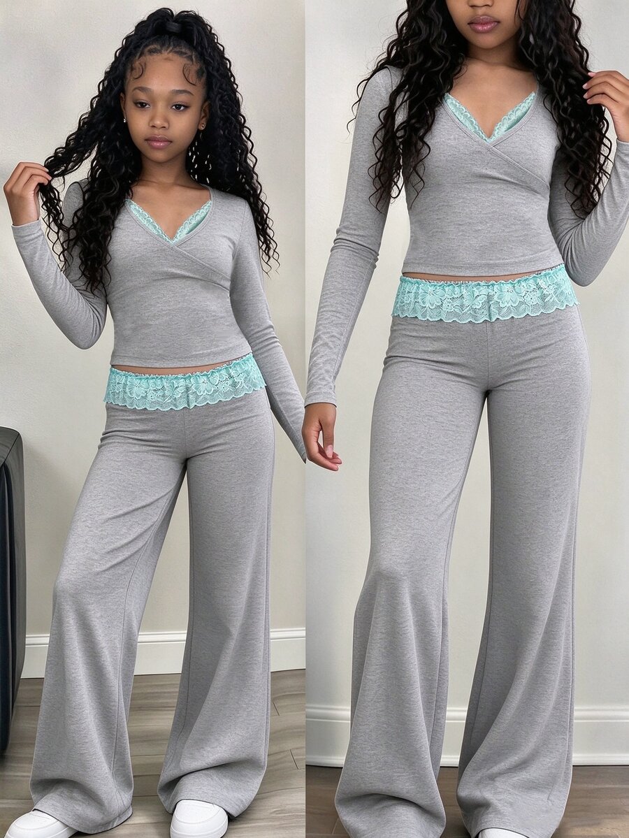 SHEIN Tween Girl Casual Athletic Slim Fit Short Ruffle Knit Sweater + Elastic Straight Leg Long Pants Set School Sports Wear Off Campus Grey Autumn - Grey - View 1