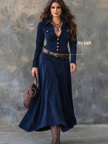 Linhara CURVE Plus Size Women's Long Sleeve Dress With Metal Buttons, Elegant Casual Style, For Christmas, New Year, Parties & Formal Occasions - Navy Blue - View 3