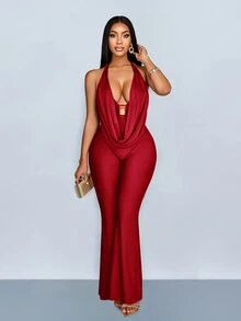 SOLERSUN Jumpsuit nữ màu nâu, gợi cảm thanh lịch, cổ bèo nhún, vải dệt kim, thiết kế đơn giản, đi biển, hẹn hò, xuân/hè - Màu Đỏ Sâu - Xem 7