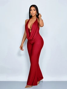 SOLERSUN Jumpsuit nữ màu nâu, gợi cảm thanh lịch, cổ bèo nhún, vải dệt kim, thiết kế đơn giản, đi biển, hẹn hò, xuân/hè - Màu Đỏ Sâu - Xem 5