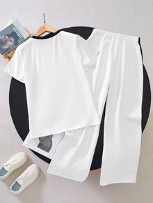 SHEIN Tween女孩 2件組 短袖夏季黑白休閒校園返校圓領T恤馬匹印花與寬腿褲 - 白色 - 查看 5