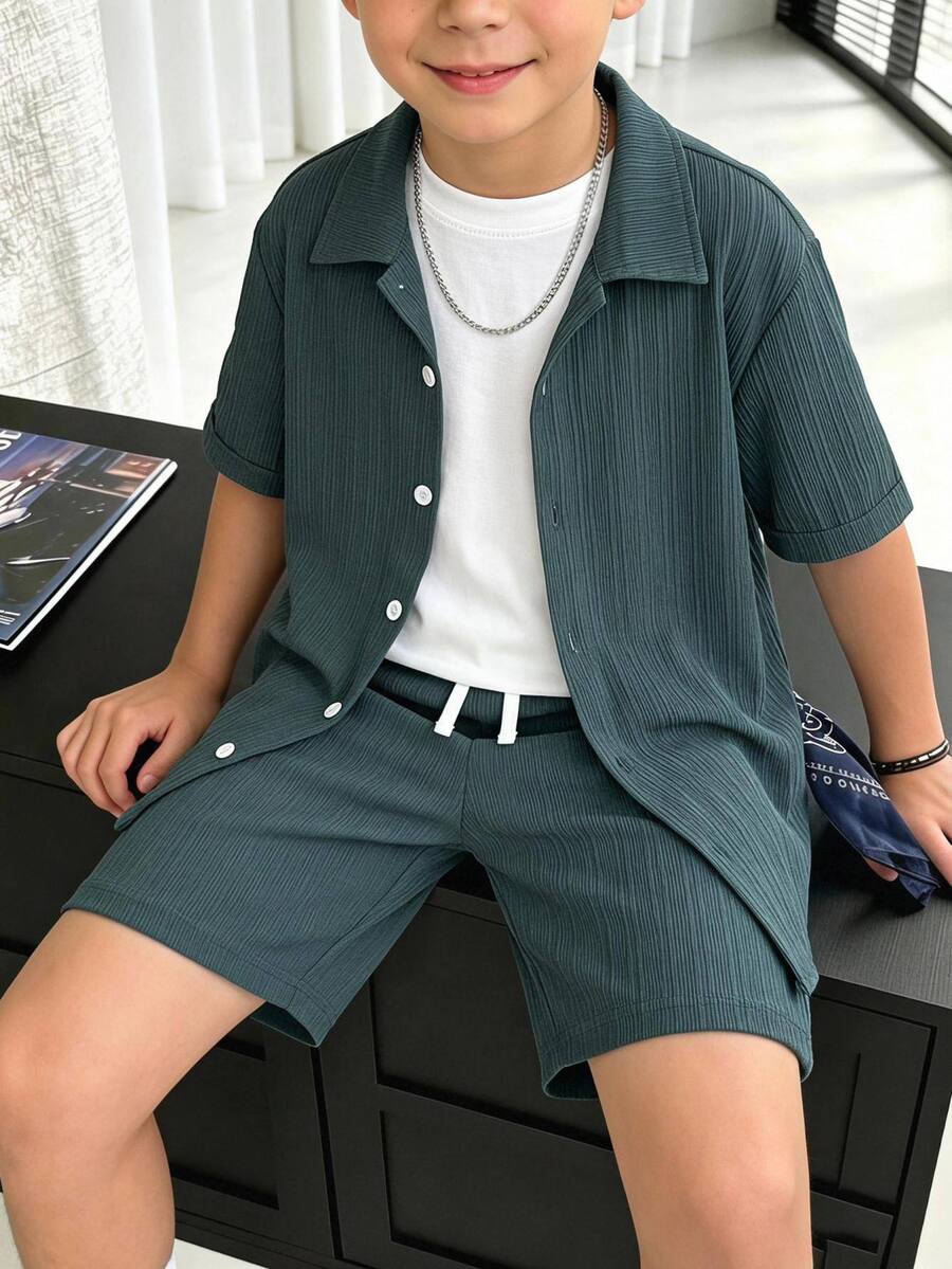 2件組 青少年男孩休閒工裝寬鬆單排扣短袖襯衫與短褲套裝 派對 六年級 灰色 夏季 - 灰色 - 查看 1