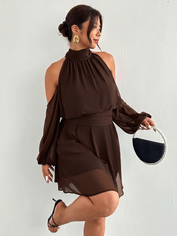 Firerie Plus Size Women Solid Color Off-Shoulder Long Sleeve Fashion Dress Fall - Brown - View 6