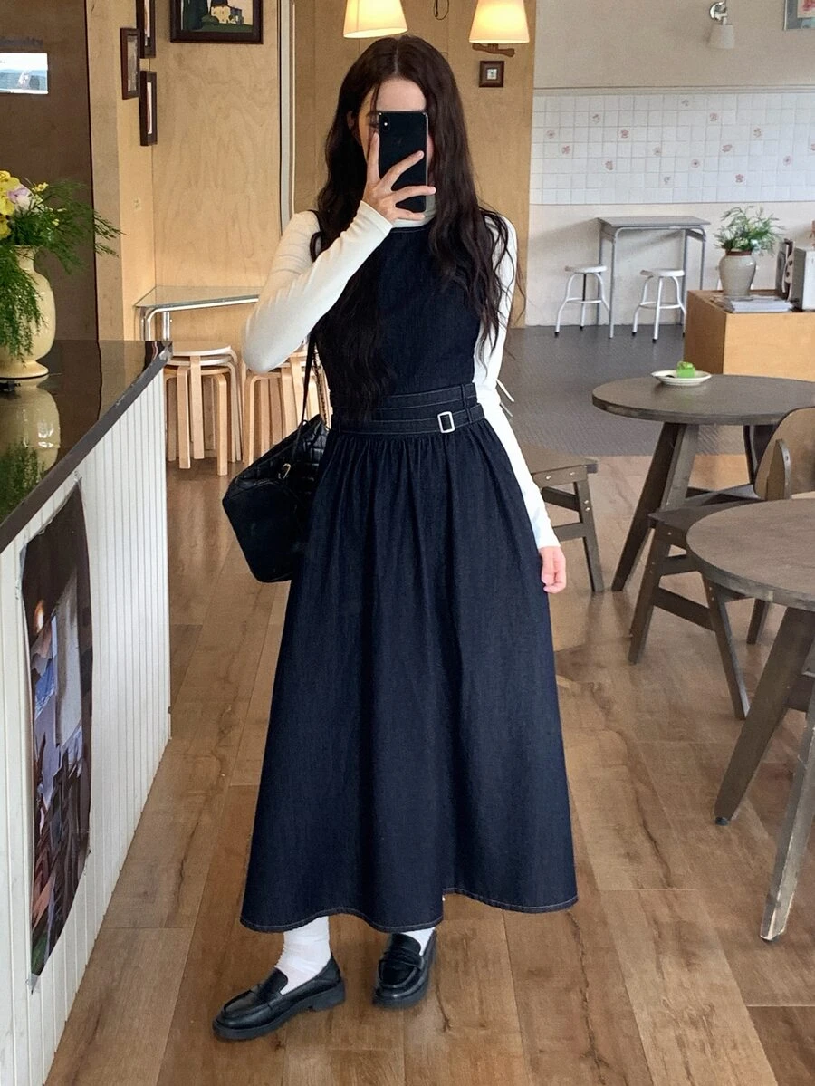 DAZY Women's Sleeveless Denim Dress With Belt Fall - Blue - View 1