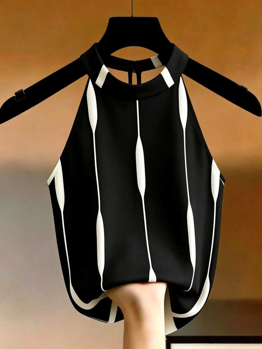 GlowEve Women's Striped Casual Versatile Halter Tank Top - Black - View 1