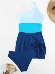 SHEIN Swim 2-Piece 2025 Women Solid & Contrast Color One Shoulder Swimwear, Figure Flattering For Summer Beach Vacation - Multicolor - View 7
