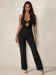 Sirith Women's Sexy Minimalist Solid Color Metal Buckle Bust Draped Neck Backless Tied Jumpsuit, Summer - Black - View 3
