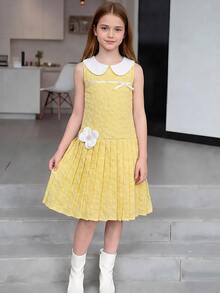 SHEIN 1件青少年女孩優雅黃色夏季可愛開學淺色洋裝，精緻提花3D花卉無袖彼得潘領，生日派對野餐穿搭 - 黃色 - 查看 3
