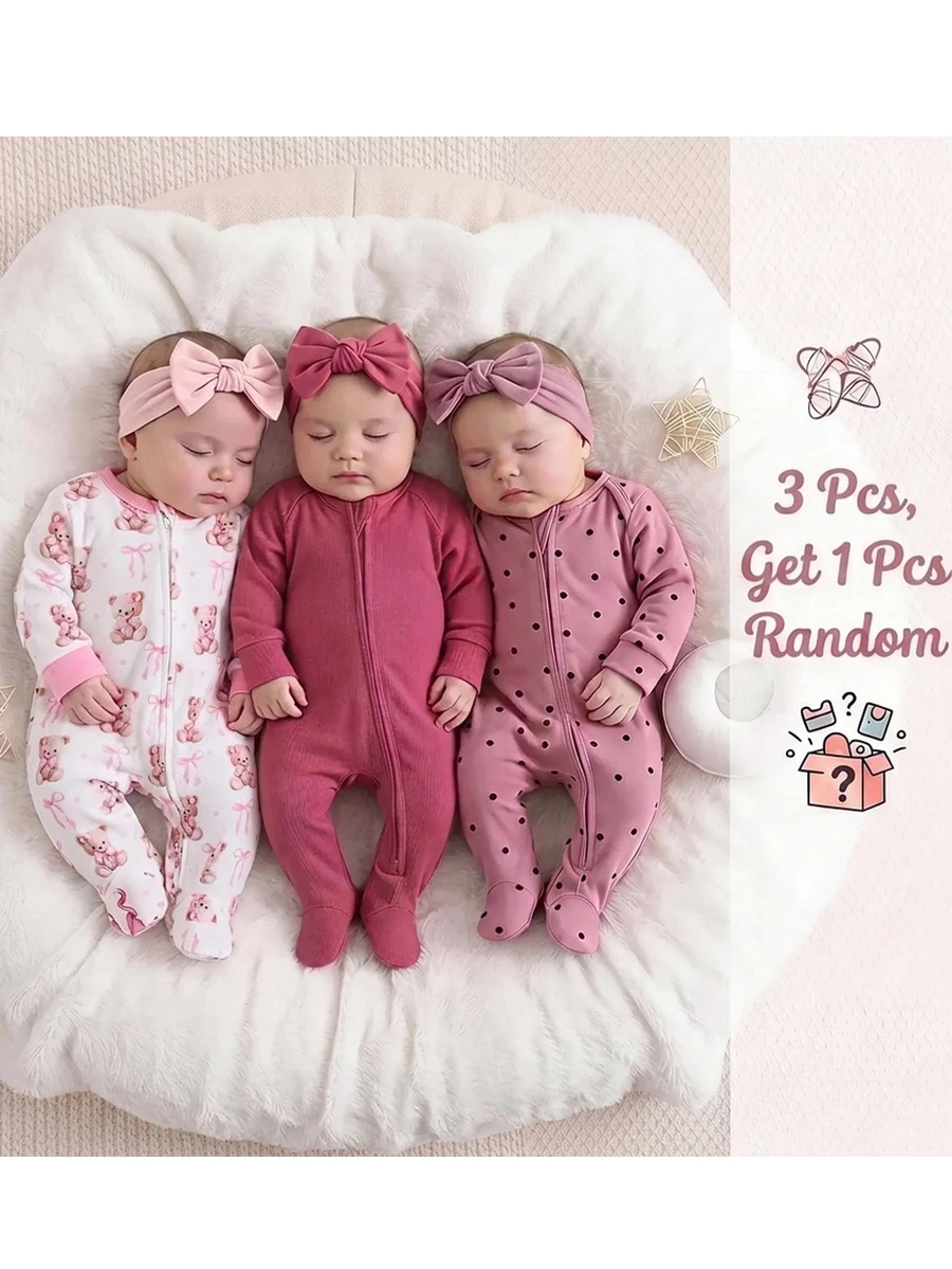 Bộ 3 bộ jumpsuit mặc nhà cho bé gái sơ sinh, len dệt mềm, cổ tròn, tay dài, họa tiết nơ và trái tim màu hồng ngọt ngào, tặng ngẫu nhiên 1 cái - Nhiều màu - Xem 1