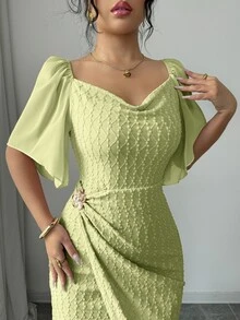 Seusyu 女士金属扣撞色荷叶边领花瓣袖修身优雅连衣裙，春夏款 - 淡綠 - 查看 8