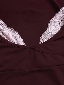 Sweetra Women's Lace Trim V-Neck Long Sleeve Solid Color T-Shirt And Flared Pants,Winter Outfit, 2 Pieces Set Lounge Romantic Elegant,Christmas Clothes - Burgundy - View 5