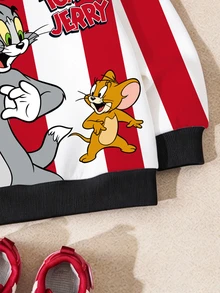 TOM & JERRY X SHEIN 小男孩字母條紋印花圓領長袖運動衫，春秋日常休閒外套 - 紅色 - 查看 7