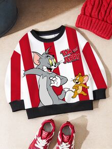 TOM & JERRY X SHEIN 小男孩字母條紋印花圓領長袖運動衫，春秋日常休閒外套 - 紅色 - 查看 4