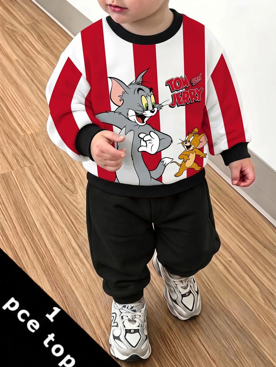 TOM & JERRY X SHEIN 小男孩字母條紋印花圓領長袖運動衫,春秋日常休閒外套 - 紅色 - 查看 1