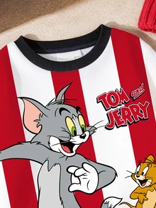 TOM & JERRY X SHEIN 小男孩字母條紋印花圓領長袖運動衫，春秋日常休閒外套 - 紅色 - 查看 5