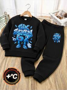 SHEIN 2pcs Young Boys Cool "SIX SEVEN" 3D Block Cartoon Graphic & Lightning Graffiti Print Sweatshirt & Black Jogger Pants Tracksuit Set,Fall Sets - Black - View 3