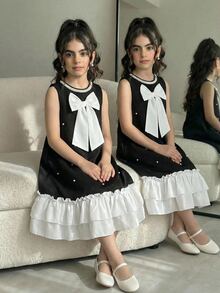 SHEIN 1pc Girls' Middle Eastern Style Round Neck Detachable Pearl Trim Bow Black And White Summer Elegant Party Loose Beaded Ruffle Hem Dress For Outings - Black - View 6