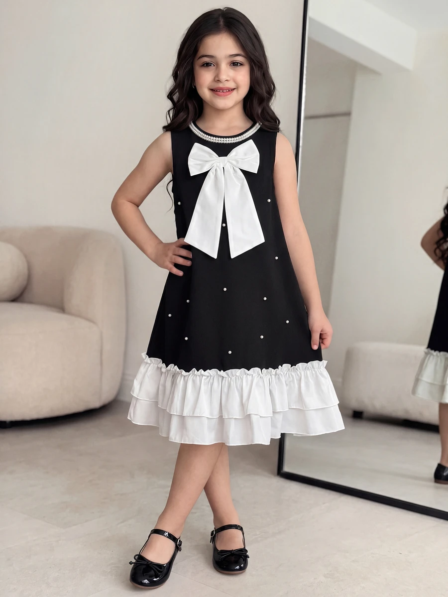 SHEIN 1pc Girls' Middle Eastern Style Round Neck Detachable Pearl Trim Bow Black And White Summer Elegant Party Loose Beaded Ruffle Hem Dress For Outings - Black - View 1