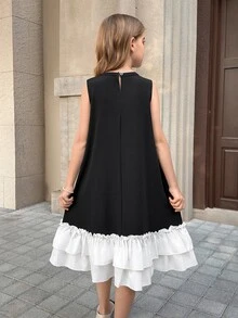 SHEIN 1pc Girls' Middle Eastern Style Round Neck Detachable Pearl Trim Bow Black And White Summer Elegant Party Loose Beaded Ruffle Hem Dress For Outings - Black - View 4