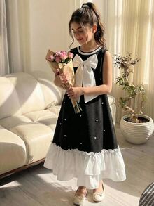 SHEIN 1pc Girls' Middle Eastern Style Round Neck Detachable Pearl Trim Bow Black And White Summer Elegant Party Loose Beaded Ruffle Hem Dress For Outings - Black - View 10