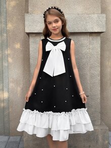 SHEIN 1pc Girls' Middle Eastern Style Round Neck Detachable Pearl Trim Bow Black And White Summer Elegant Party Loose Beaded Ruffle Hem Dress For Outings - Black - View 8