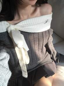 DAZY 拼接撞色方領領結刺繡寬鬆長袖休閒度假韓風女款秋冬針織毛衣 - 灰色 - 查看 4