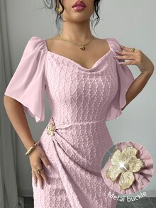 Seusyu 女士金属扣撞色荷叶边领修身优雅连衣裙，春夏款 - 粉色 - 查看 6