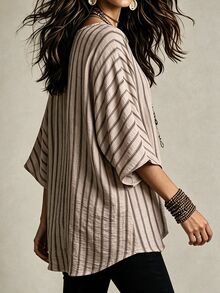 Flirla Fall Striped V-Neck Dropped Shoulder Mid-Sleeve Casual Kawaii Boho Asymmetrical Hem Relaxed Retro Plus Size Shirt Vacation Beige Wedding Guest - Khaki - View 6