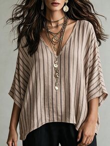 Flirla Fall Striped V-Neck Dropped Shoulder Mid-Sleeve Casual Kawaii Boho Asymmetrical Hem Relaxed Retro Plus Size Shirt Vacation Beige Wedding Guest - Khaki - View 4