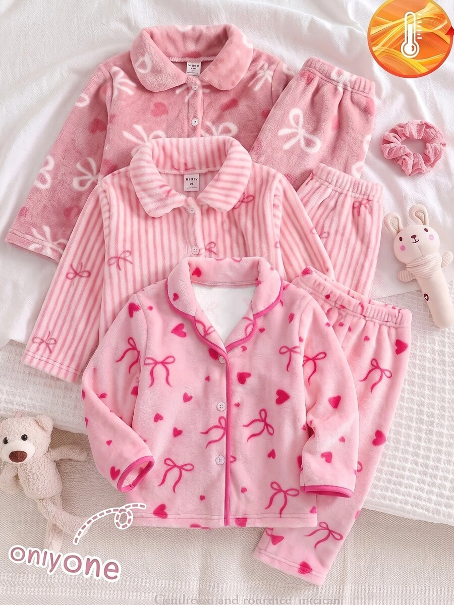 女嬰粉色蝴蝶結印花法蘭絨居家服套裝 - 彩色 - 查看 1